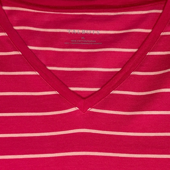 Talbots Cotton Pink Ruched Sleeve V Neck Tee - Picture 8 of 9